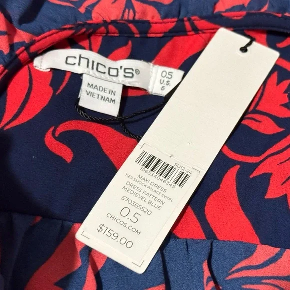 NWT Chico's Scrolls Smock Waist Tiered Maxi Dress - Picture 6 of 6